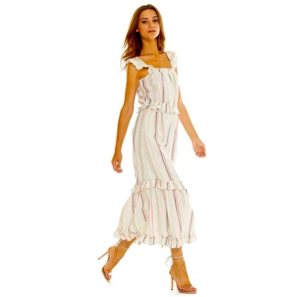 MISA Los Angeles Idonia Ruffle Midi Dress in‎ Chambray Stripe Size S